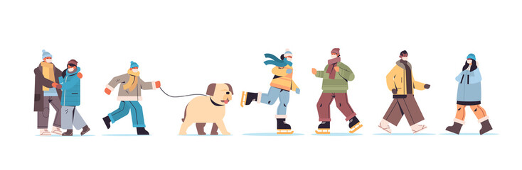 set mix race people in masks walking outdoor men women having winter fun outdoors activities coronavirus quarantine concept full length horizontal vector illustration