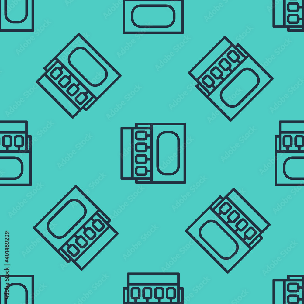 Poster black line open matchbox and matches icon isolated seamless pattern on green background. vector.