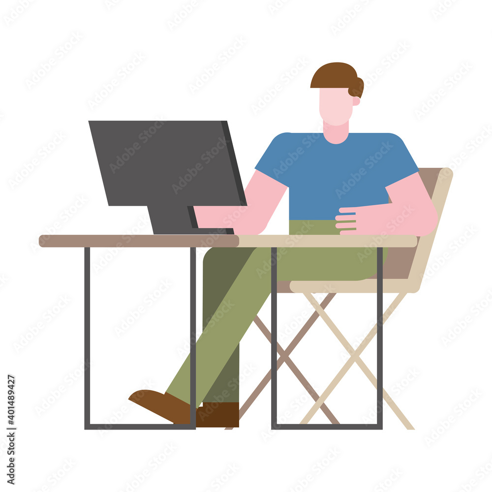 Poster man with computer at desk working from home vector design