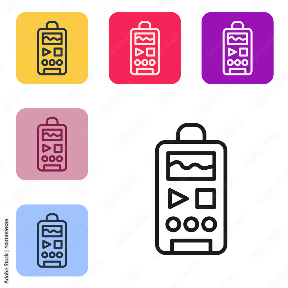 Poster black line dictaphone icon isolated on white background. voice recorder. set icons in color square b