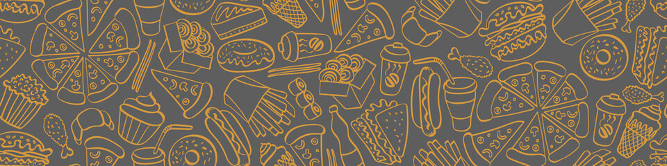 Street food doodle seamless horizontal border. Hand drawn icons on white background. Vector illustration.