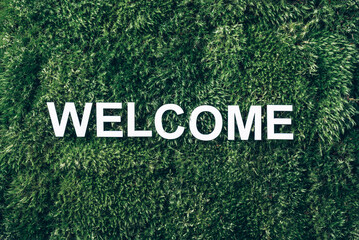 Word Welcome on moss, green grass background. Top view. Copy space. Banner. Biophilia concept. Nature backdrop
