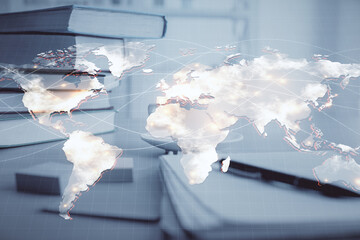 Double exposure of business theme drawing and desktop with coffee and items on table background....