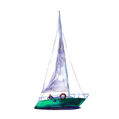 Watercolor illustration, hand drawn sailboat. Art cut out emerald yacht sails, watercolor isolated objet on white background.