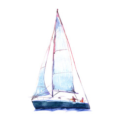 Watercolor illustration, hand drawn sailboat. Art cut out yacht sails, watercolor isolated objet on white background.