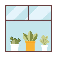 plants inside pots at window vector design