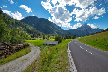 Fototapeta na wymiar Mountain panorama along the road near Johnsbach in the Gesäuse National Park