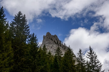 pine trees an a sharp mountain with clouds at the blue sky