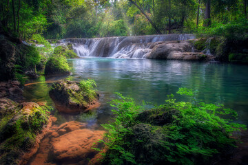Muak Lek Waterfall, well-known and popular waterfall among tourists at Muak Lek Arboretum in Saraburi Province in Thailand.