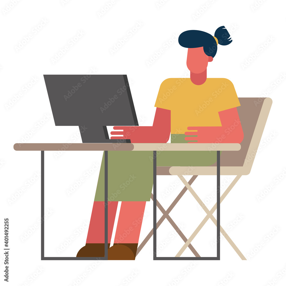 Poster woman with computer at desk working from home vector design