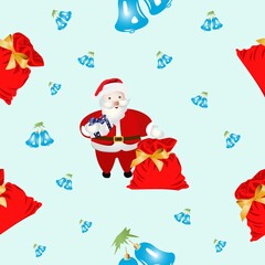 Seamless pattern with Santa Claus elements with a bag of Christmas gifts and toy bells.