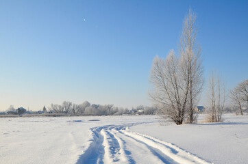 Fototapeta na wymiar Winter village landscape. Snowy road, trees in frost. Concept of Christmas greeting card.