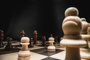 Macro shot of wooden chess figures on board