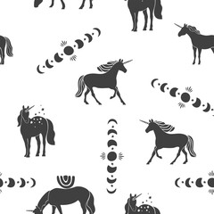 Seamless pattern with black unicorns, phases of the moon isolated on white. Mystical background with wild horses, astrology elements for Wallpaper, print on fabric, wrapping paper. Vector illustration
