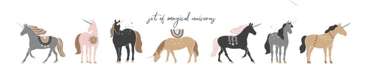 Set of decorative unicorns in vintage boho style isolated on white. Collection of mystical horses with magical, abstract symbols for card, posters, decor. Ethnic wild animals. Flat vector illustration