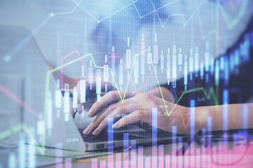 Multi exposure of woman hands typing on computer and financial graph hologram drawing. Stock market analysis concept.