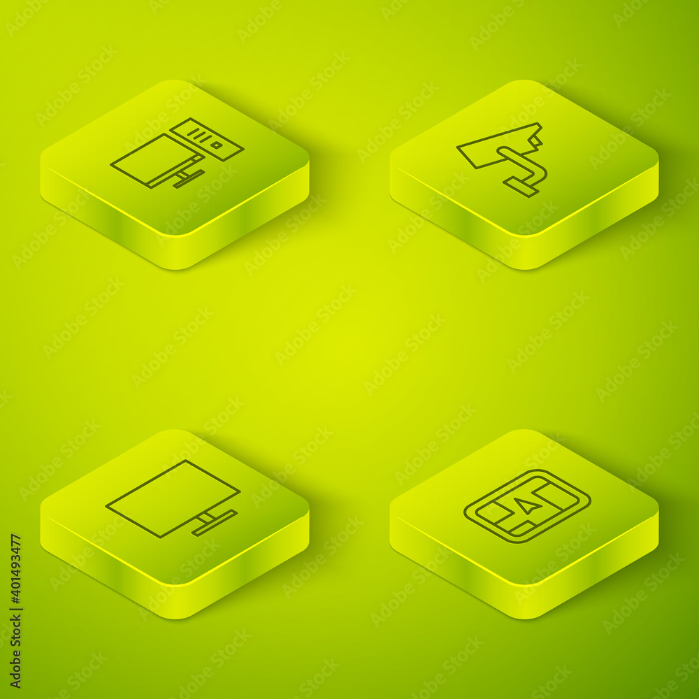 Poster set isometric security camera, computer monitor screen, gps device with map and icon. vector.