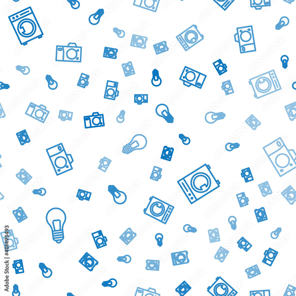 Poster set line light bulb with concept of idea, washer and photo camera on seamless pattern. vector.