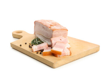 Board with tasty bacon isolated on white background
