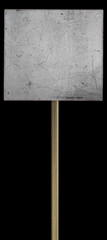 macro photo of selfmade paperboard protest sign with long handle isolated on black background.