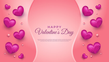 Happy Valentine's Day banner with 3d hearts and balls on pink gradient background. Holiday gift card. Romantic background with 3d decorative objects. Vector illustration