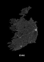 Ireland map poster (portrait). Road map of Ireland. It includes all roads of the country (from highways to country roads and railways). Dark grayscale printable graphics.
