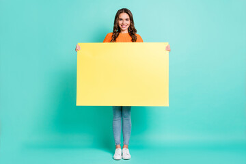Full size photo of young beautiful happy cheerful smiling girl hold big banner advertisement...
