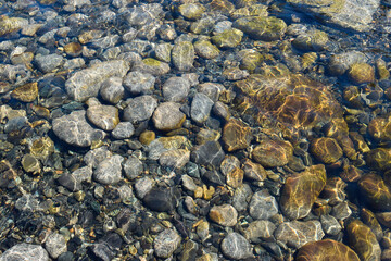 Crystal clear water of the mountain river. Khabarovsk region, far East, Russia.