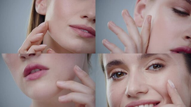 Multi-screen of caucasian beautiful women models with perfect skin touching face at camera posing against grey background. Beauty concept. Collage portrait.