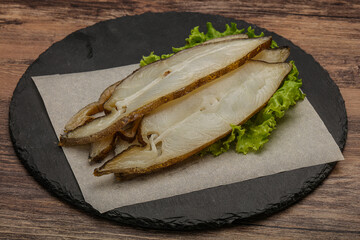 Delicous smoked halibut slices snack