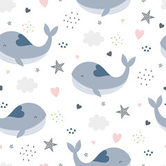Blue whale with stars and heart Seamless pattern The design used for Fabric pattern, textile, print, wallpaper, wrapping paper vector illustration on white background