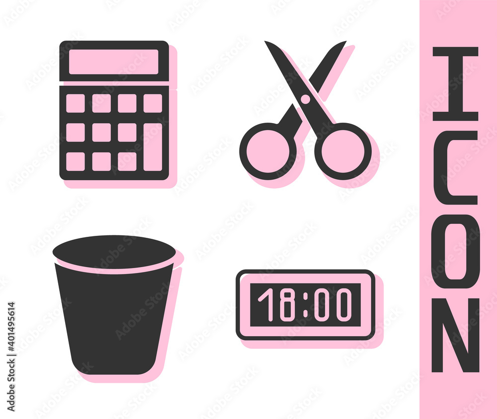 Poster set digital alarm clock, calculator, trash can and scissors icon. vector.