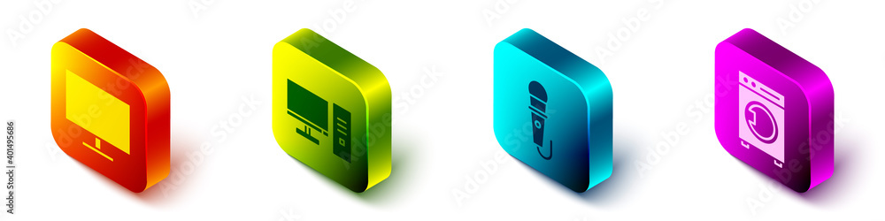 Poster set isometric computer monitor screen, computer monitor, microphone and washer icon. vector.