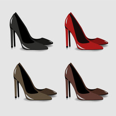 Vector realistic set of female shoes in different colors.