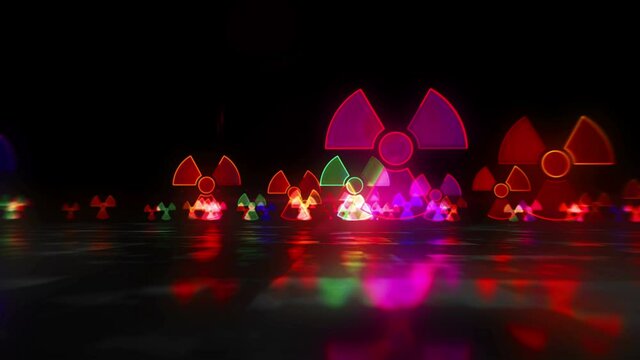 Nuclear warning symbol, radioactive danger neon sign and atomic energy icon loop concept. Flight between sign. Futuristic space abstract 3d rendering loopable and seamless animation.