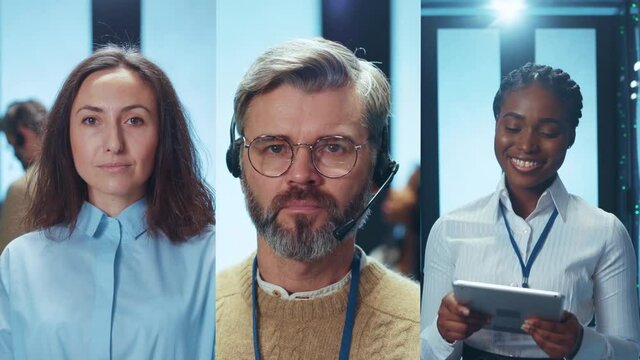 Vertical collage of interracial professional people working in data center cyber security office smiling for camera. Digitalization. Connection.Porraits.
