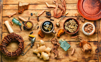 Tea and a set of medicinal herbs