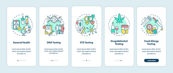 Top testing categories onboarding mobile app page screen with concepts