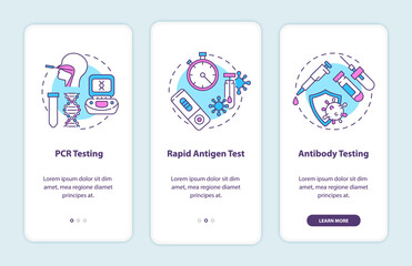 Covid testing types onboarding mobile app page screen with concepts