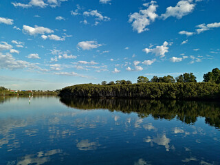 Beautiful view of a river with reflections of blue sky and trees on water, Parramatta river, Wilson Park, Silverwater, Sydney, New South Wales, Australia
