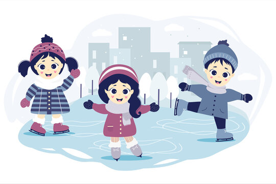 kids winter. A boy and two girls are skating on a skating rink in the city on a blue background with a cityscape, houses and trees. Winter sports and entertainment. Photography, image