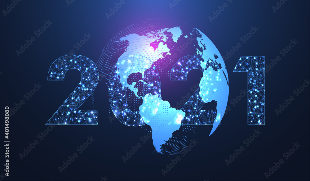 Leinwandbilder Modern futuristic technology template for Merry Christmas and Happy New Year 2021 with connected lines and dots. Plexus geometric effect. Global network connection illustration.