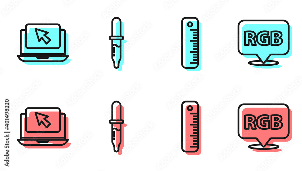 Poster set line ruler, laptop and cursor, pipette and speech bubble with rgb and cmyk icon. vector.