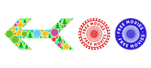 Arrow left mosaic of New Year symbols, such as stars, fir-trees, color balls, and FREE MOVIES textured stamp seals. Vector FREE MOVIES seals uses guilloche pattern, designed in red and blue versions.