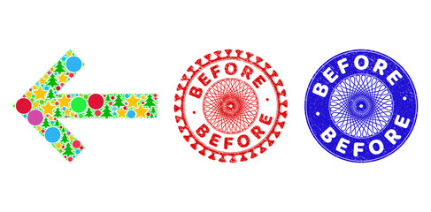 Arrow left collage of New Year symbols, such as stars, fir trees, color spheres, and BEFORE textured stamp seals. Vector BEFORE stamp seals uses guilloche ornament,