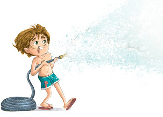 Boy with hose playing