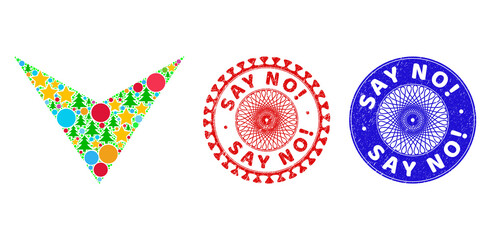 Arrowhead down collage of Christmas symbols, such as stars, fir-trees, bright balls, and SAY NO! rubber stamp seals. Vector SAY NO! stamp seals uses guilloche ornament,