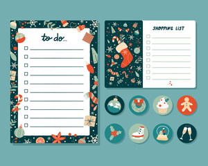 Wish list decorated templates. Set of vintage scandinavian Christmas and New year elements for greeting cards, notes, stickers, labels, tags. Holidays to do, check list for gifts, agenda, planners