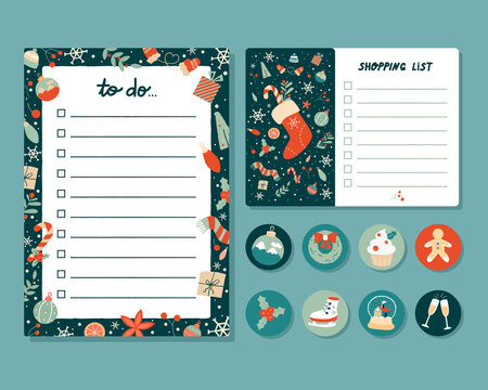 Wish list decorated templates. Set of vintage scandinavian Christmas and New year elements for greeting cards, notes, stickers, labels, tags. Holidays to do, check list for gifts, agenda, planners