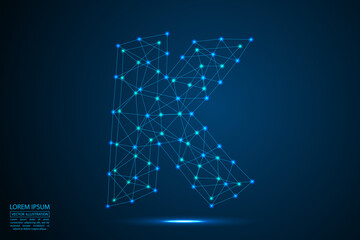English letters abstract font consists 3d of triangles, lines, dots and connections. On a dark blue background cosmic universe stars, meteorites, galaxies. Vector illustration EPS 10.